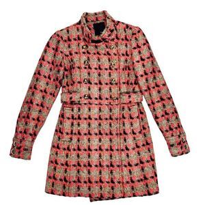 Liquid Wool Blend Tweed Long Coat Sz 2 Brown Orange Plaid Preppy Elegant PeaCoat